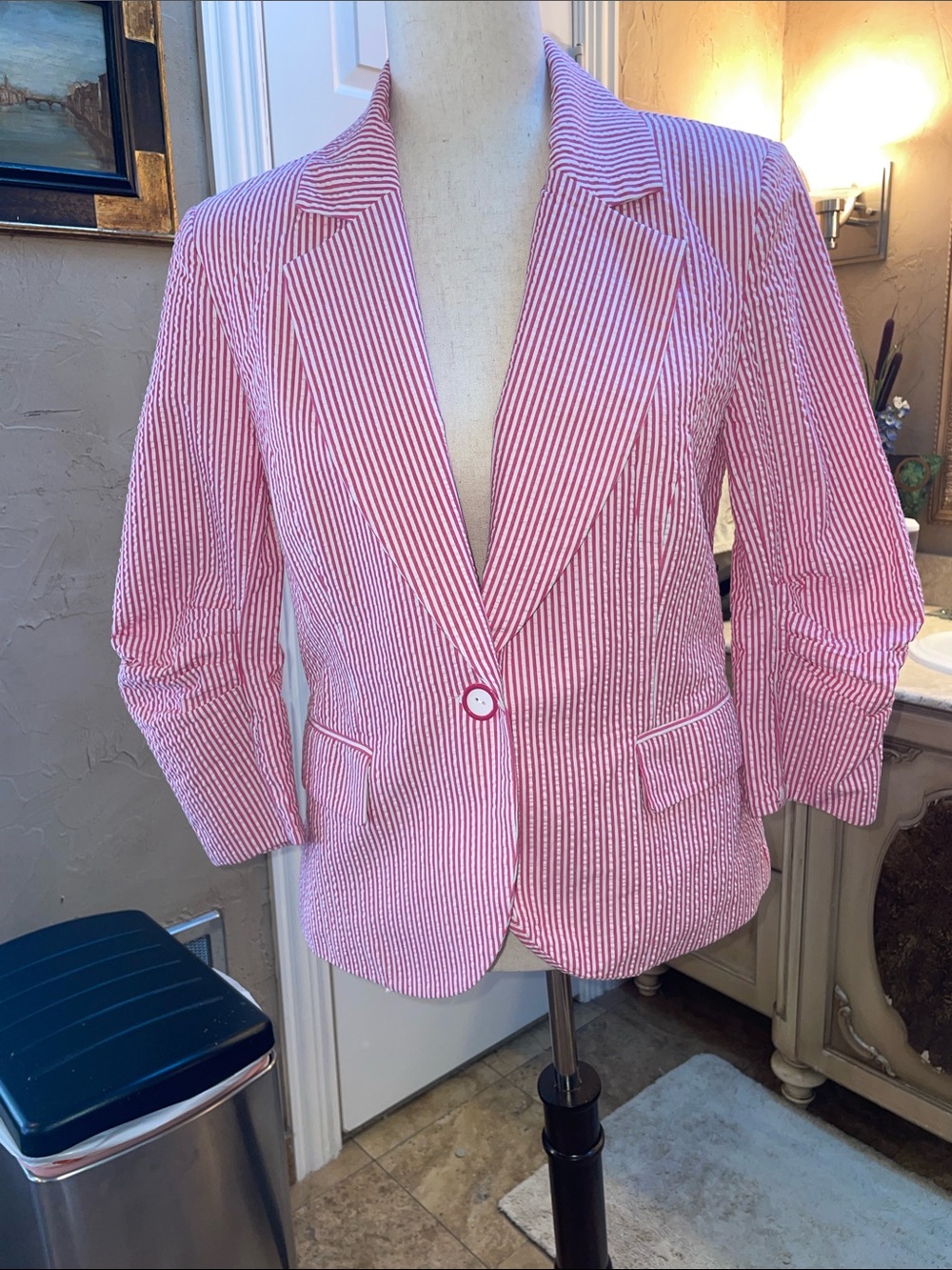 Tyler Boe Pink & White Seersucker Stripe Blazer and shorts